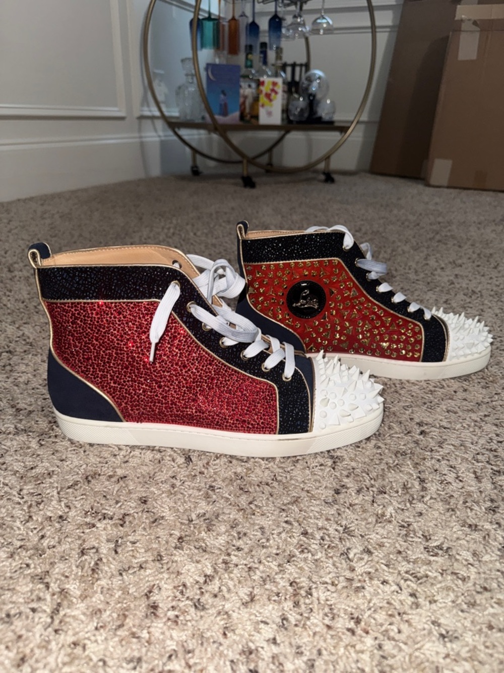 Men’s Christian Louboutin Red crystal, Black Spike-Embellished High-Top Sneakers